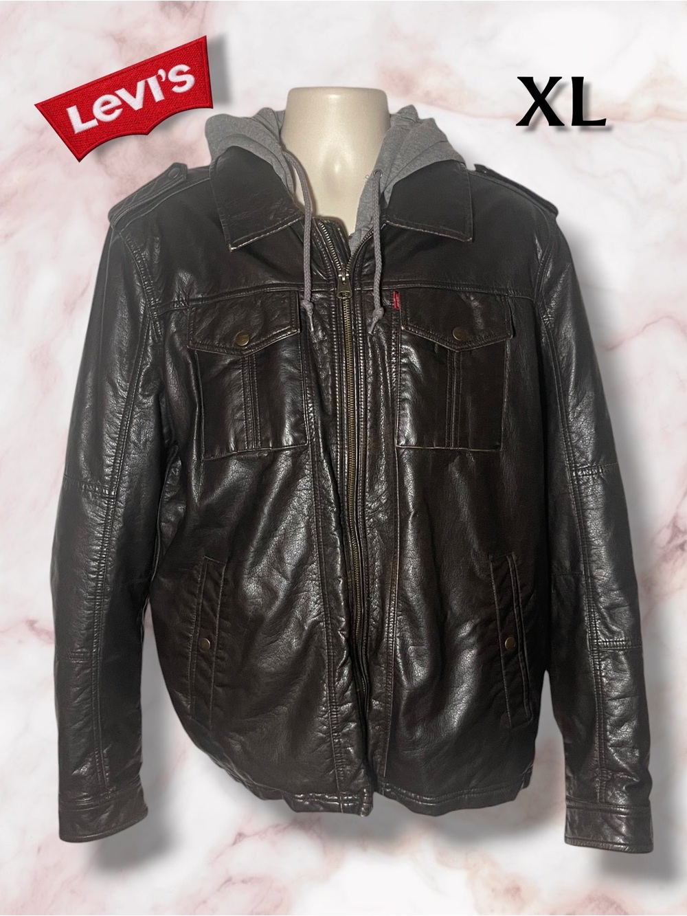 Levi's Men's Brown Faux Leather Hooded Jacket XL Moto Trucker Casual Distressed
